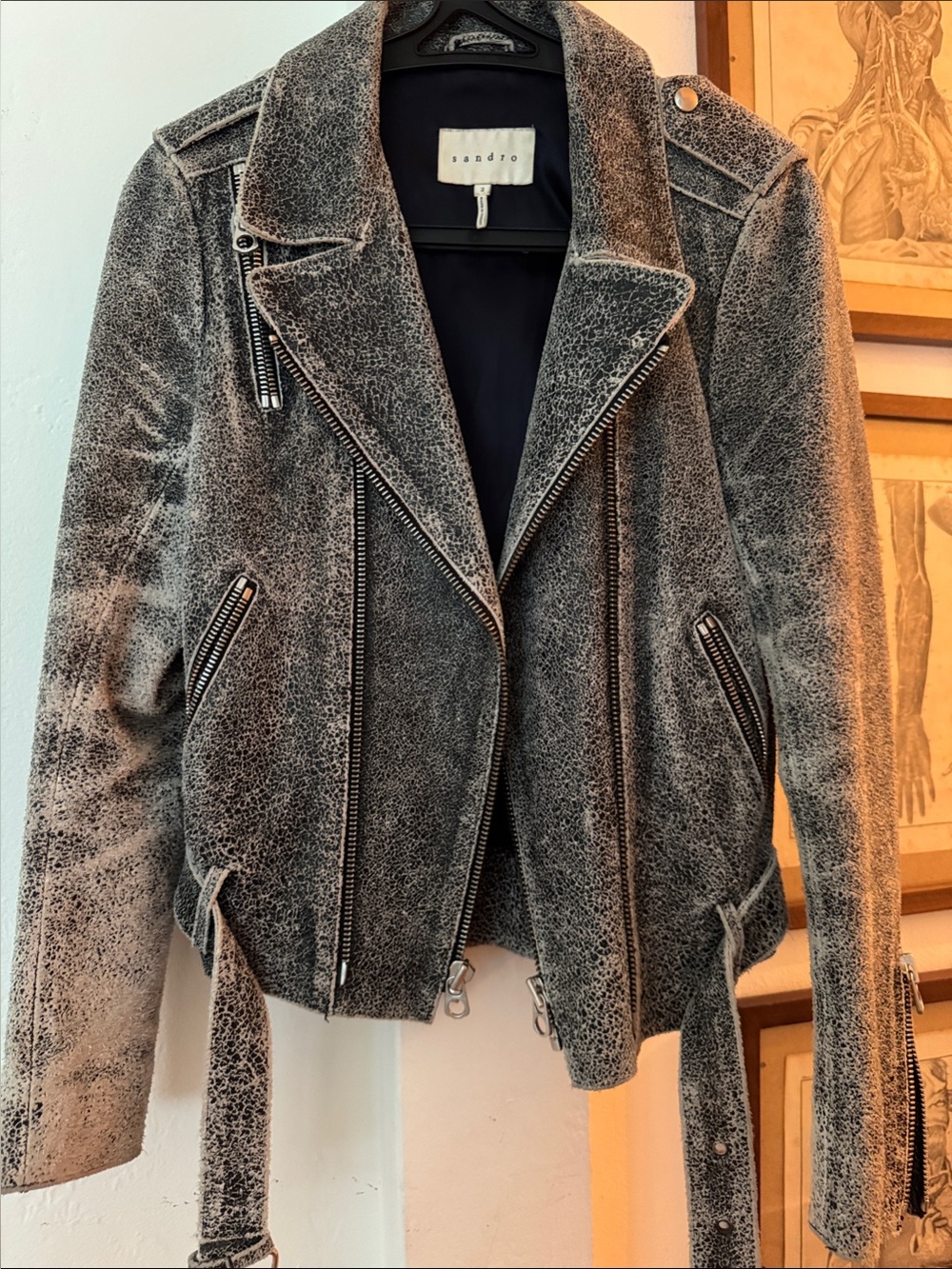 Sandro Grey Distressed Suede Moto Jacket